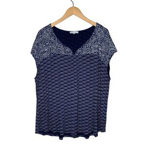 B Skies Are Blue Sleeveless Blouse Blue Scallop Print Embroidered Top Women's 3X